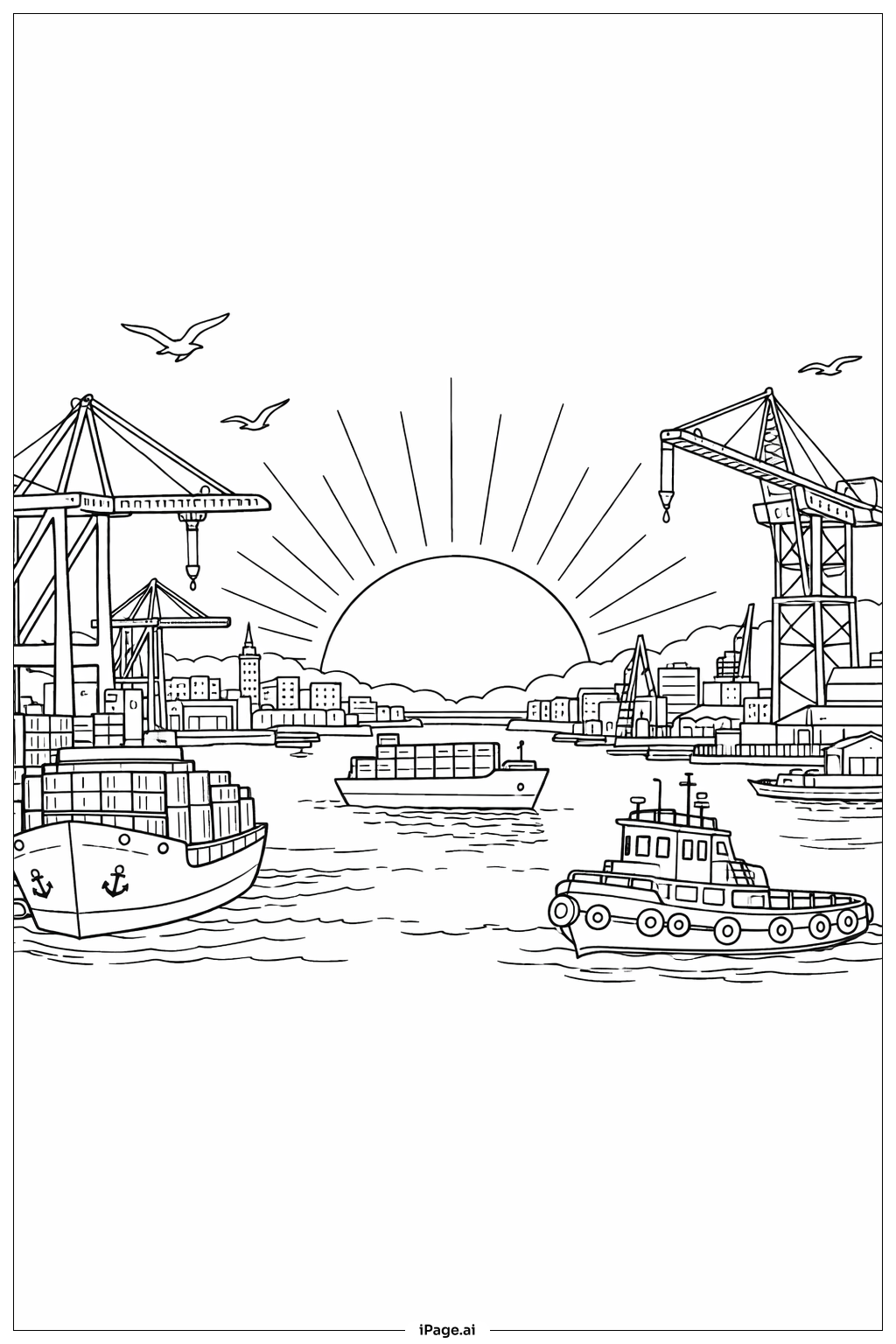 Page de coloriage Soleil sur un port animé