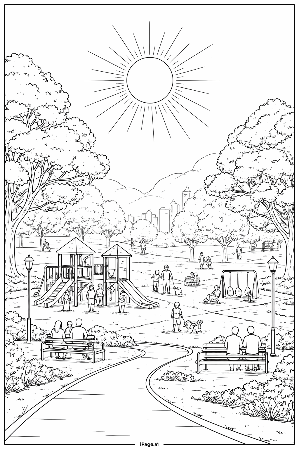  にぎやかな公園の太陽の塗り絵ページ 