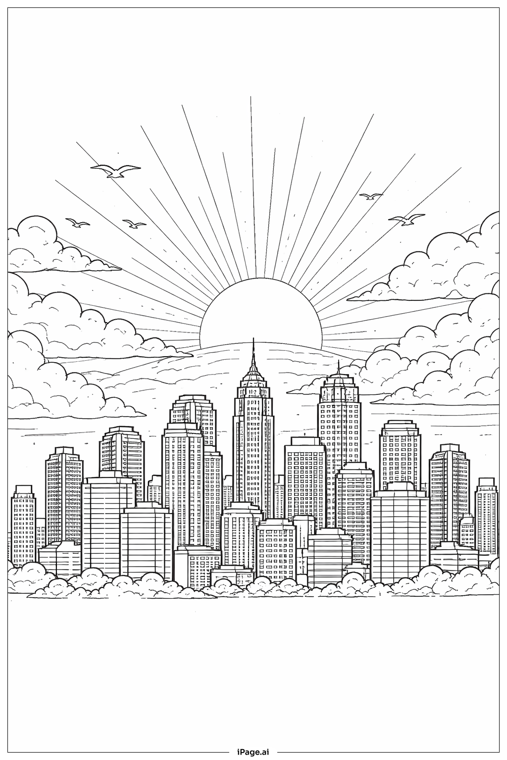  街のスカイラインに昇る太陽の塗り絵ページ 