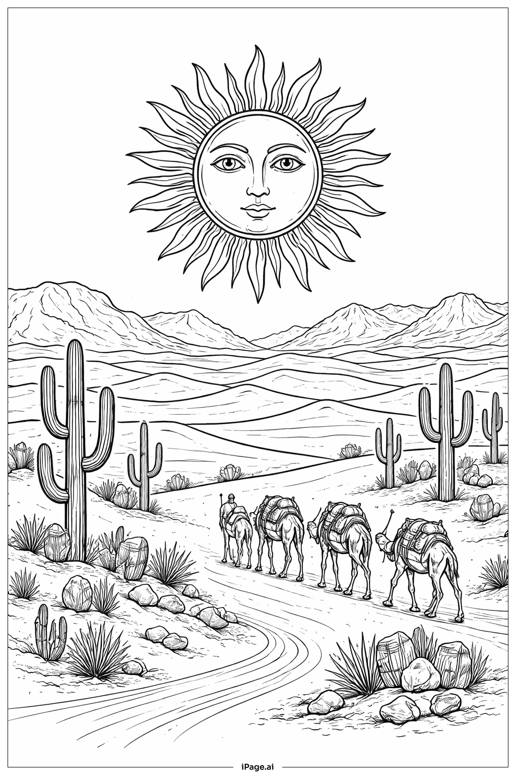  砂漠のキャラバンと太陽の塗り絵ページ 