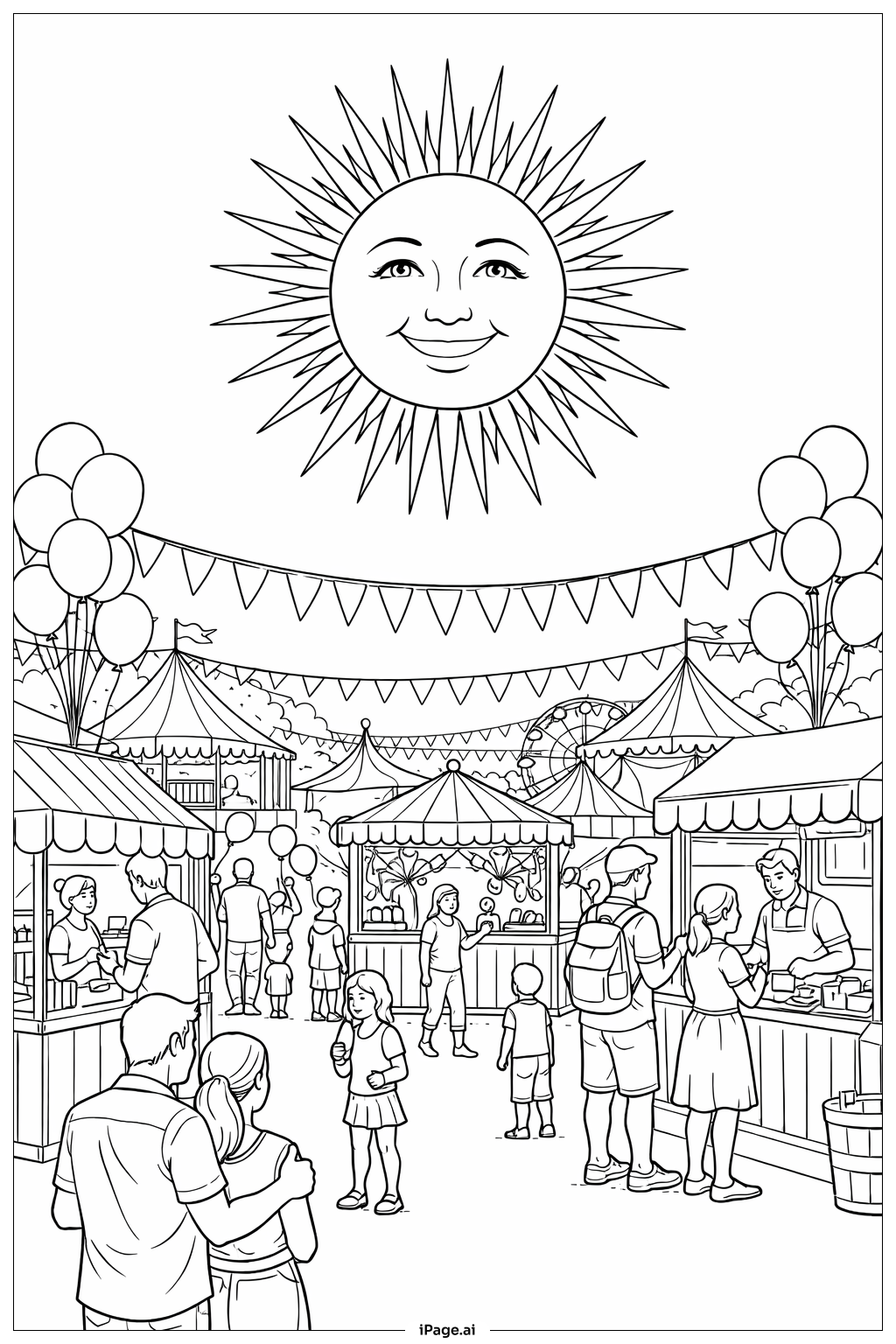  祭り会場の太陽の塗り絵ページ 