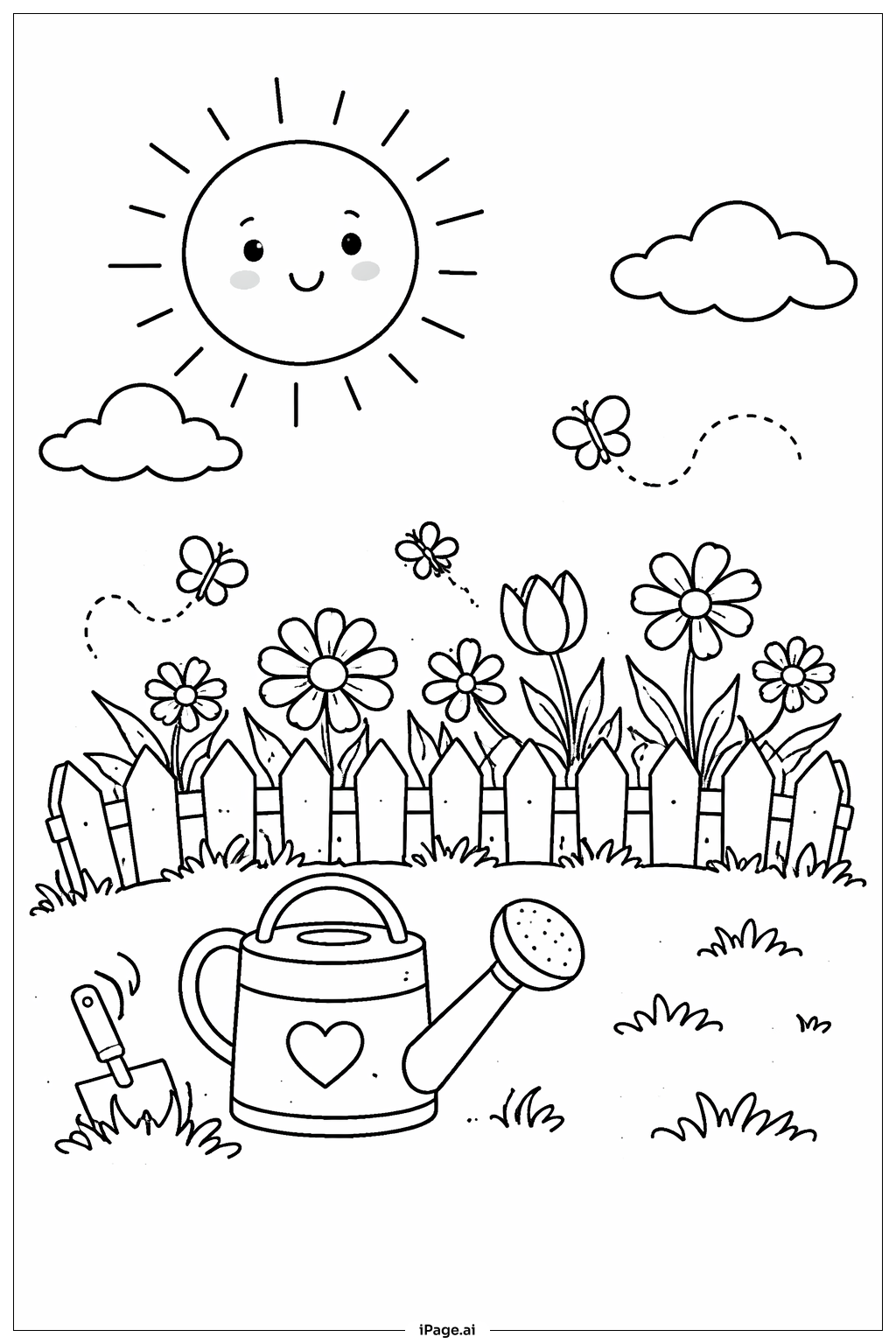  Page de coloriage Soleil sur le jardin fleuri 