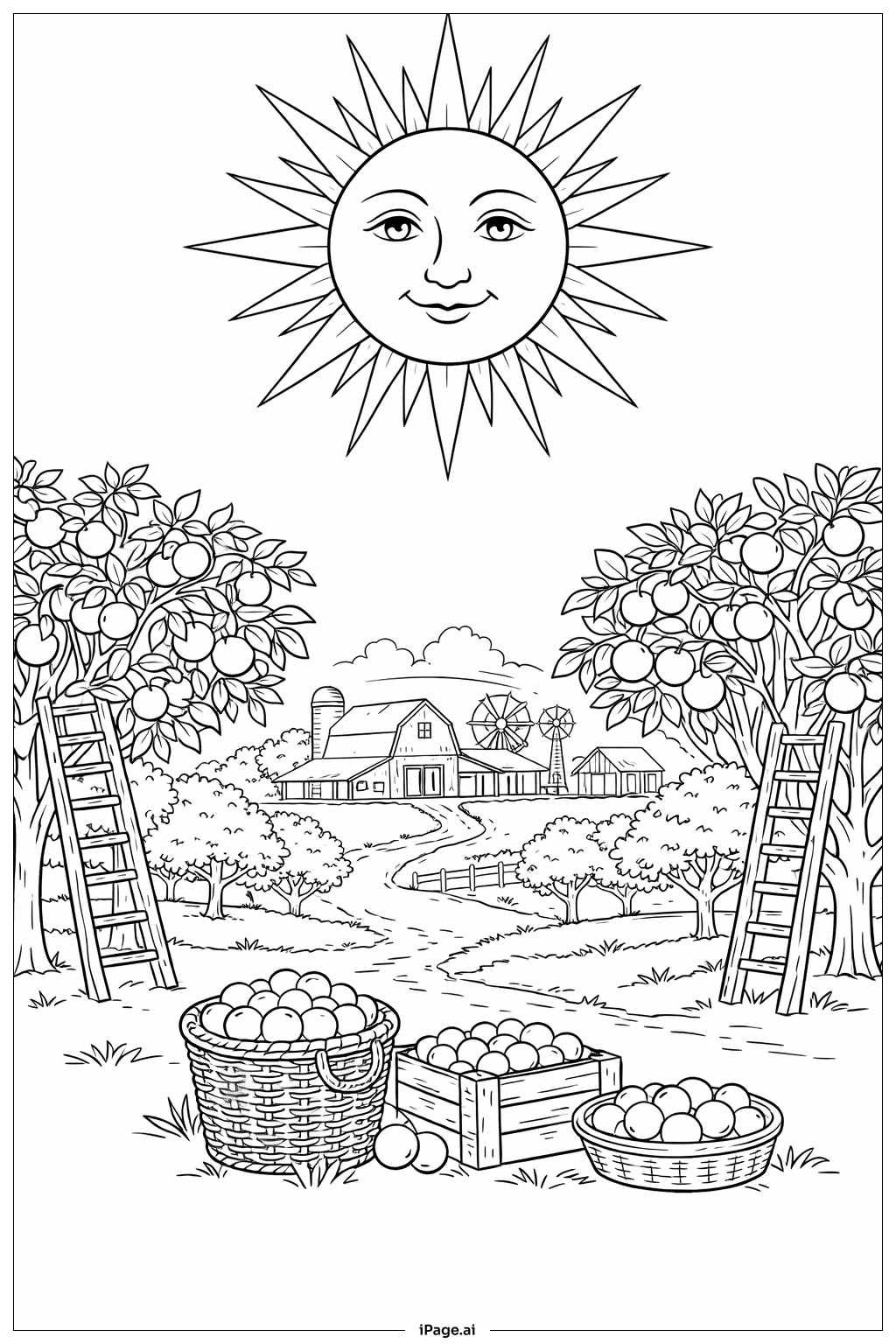Page de coloriage Soleil sur verger fruitier