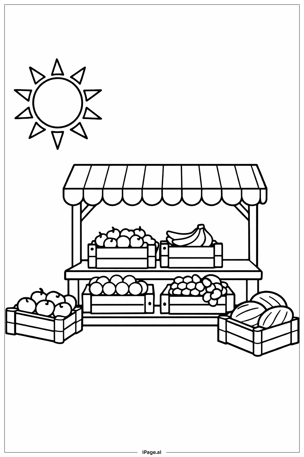  Page de coloriage Soleil sur le stand de fruits 
