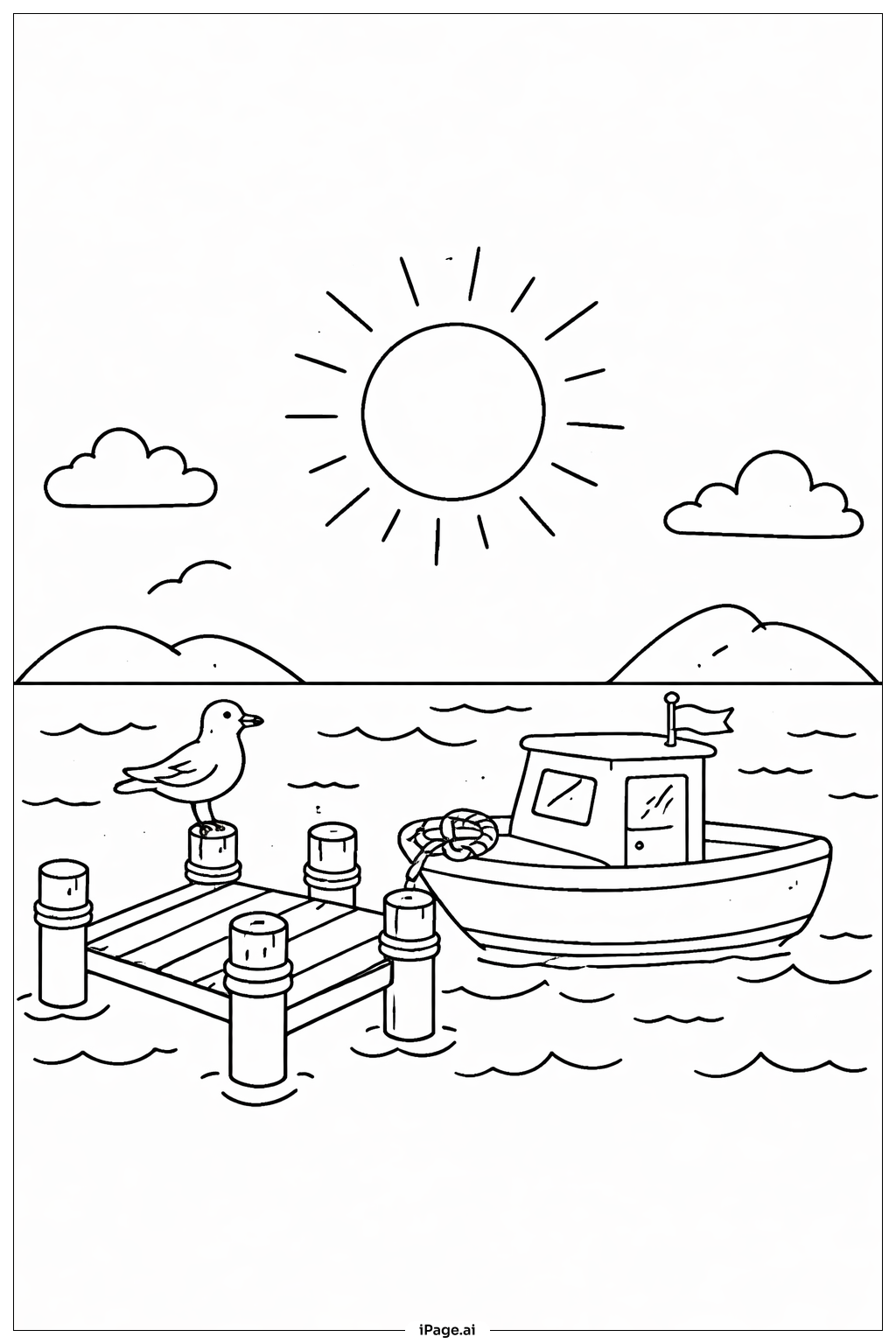  小さな港の上の太陽の塗り絵ページ 