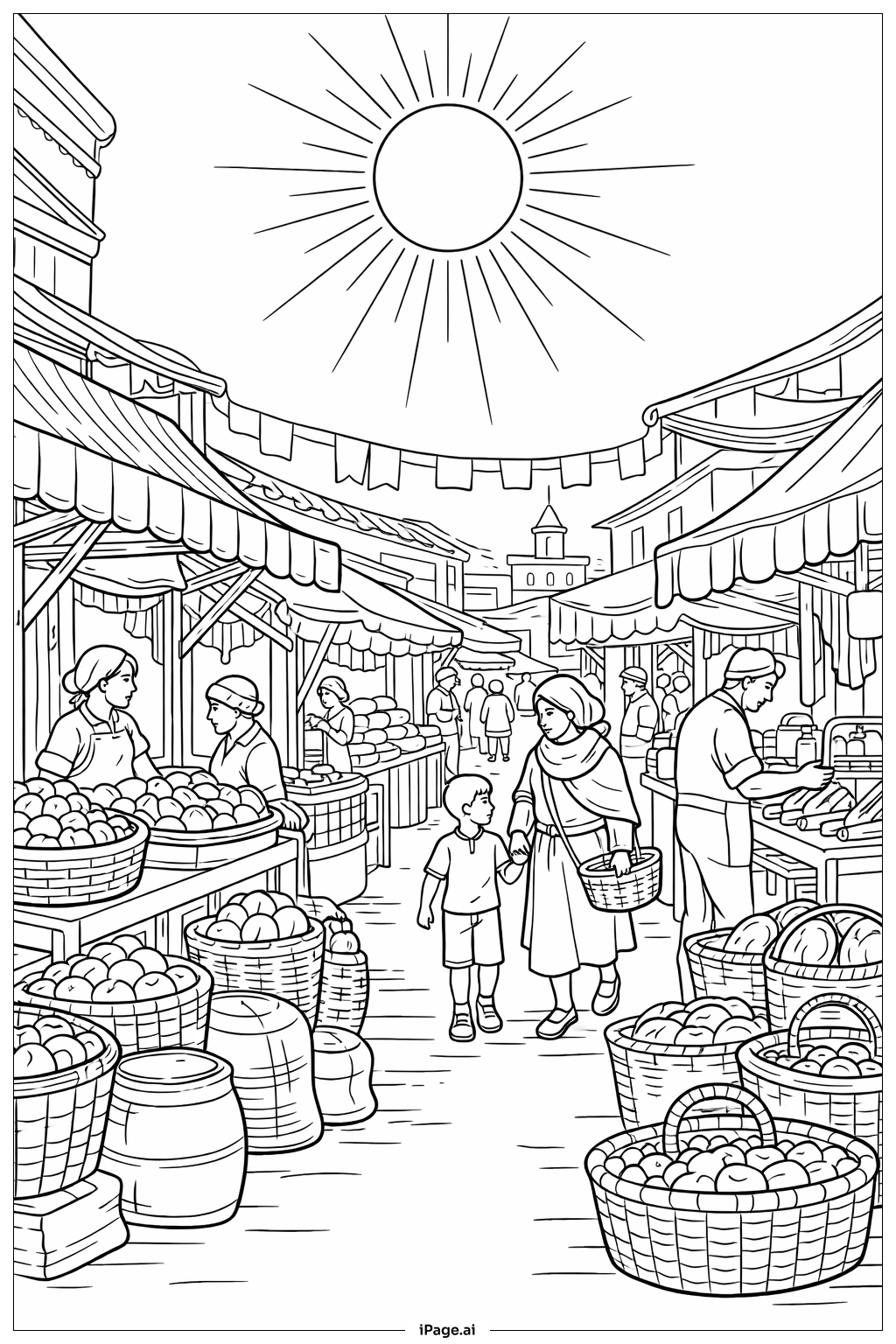  マーケットストリートの太陽の塗り絵ページ 