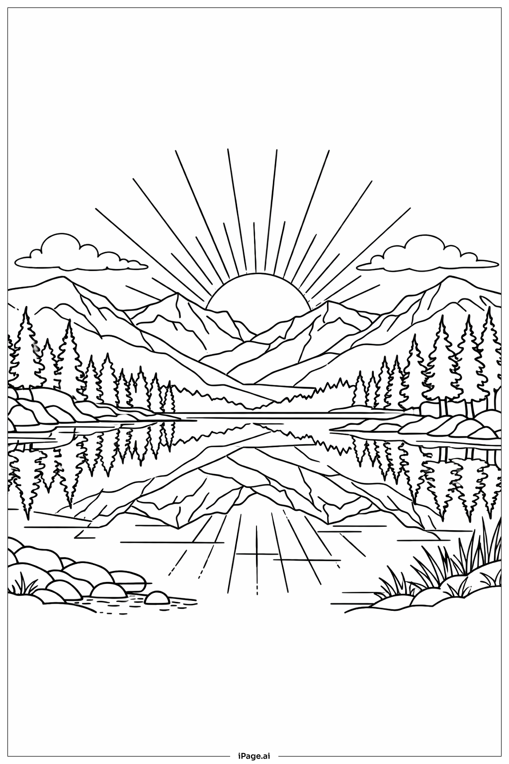  Page de coloriage Soleil sur le lac de montagne 