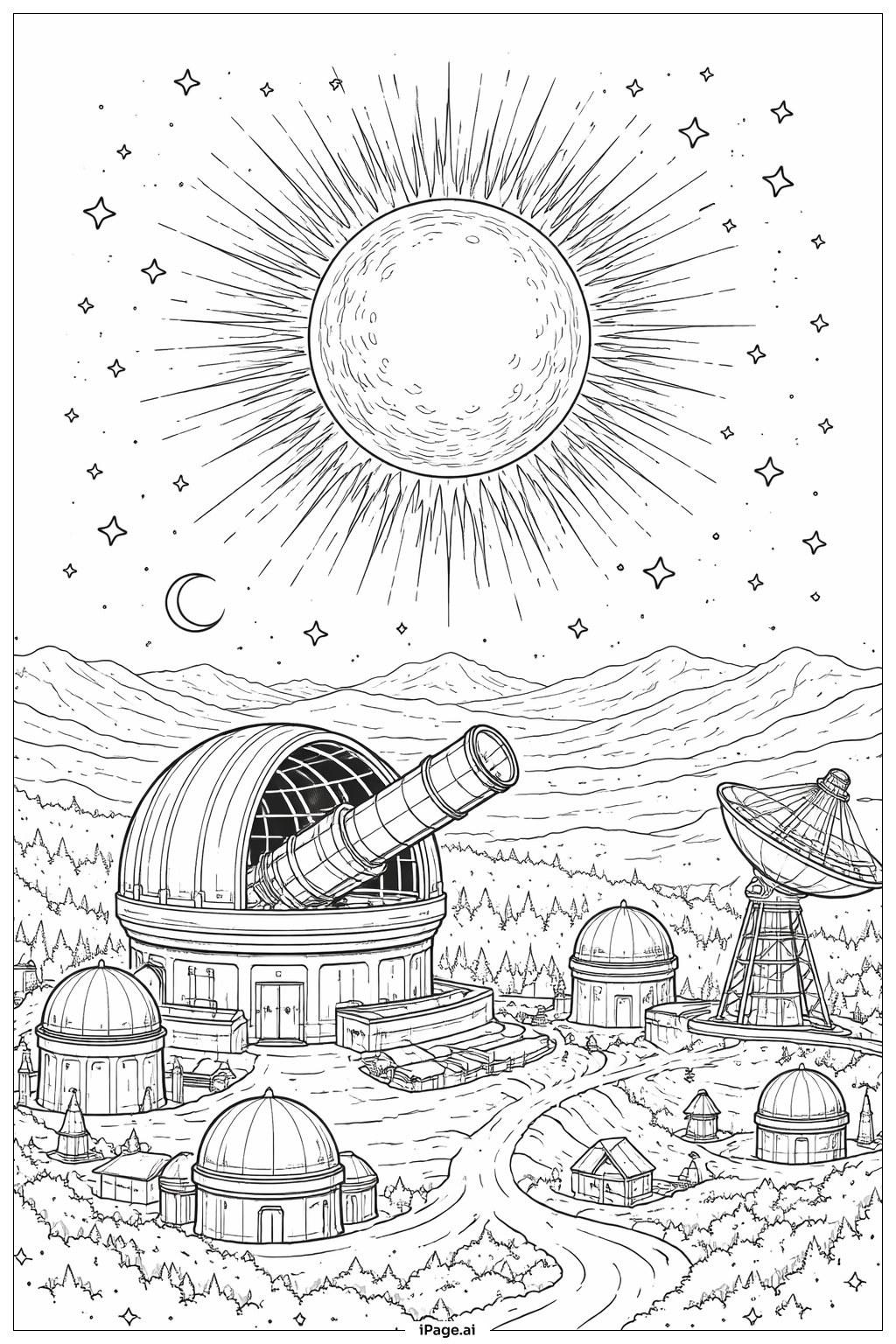  天文台の上の太陽の塗り絵ページ 