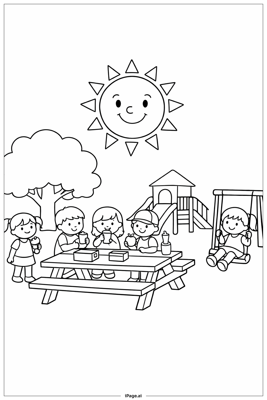  遊び場の上の太陽ピクニックの塗り絵ページ 