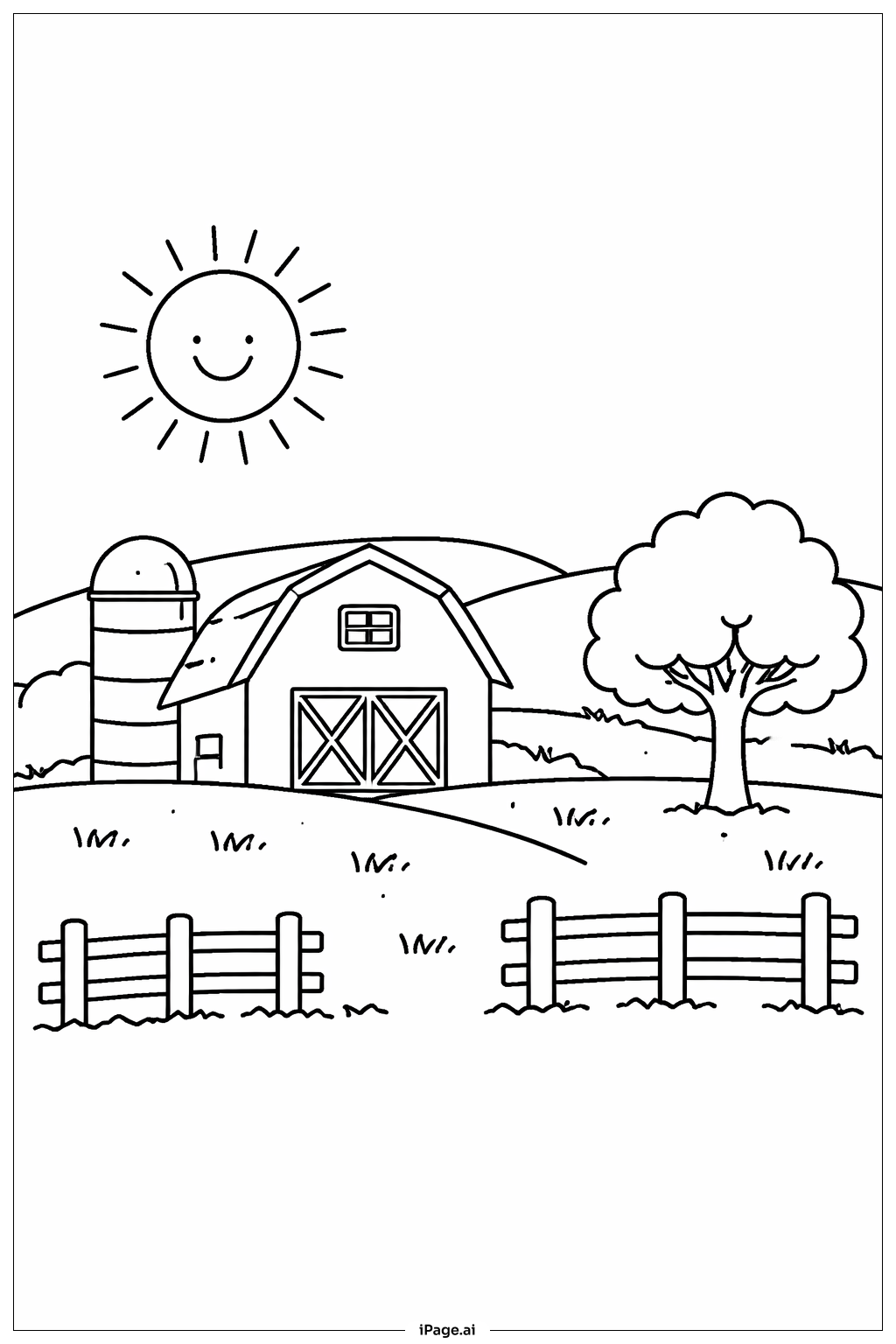  Page de coloriage Soleil sur Petite Ferme 