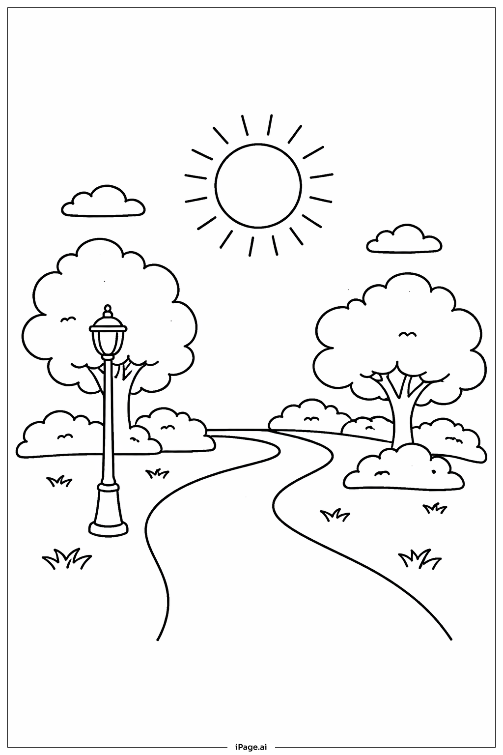  Page de coloriage Soleil sur le sentier sinueux 