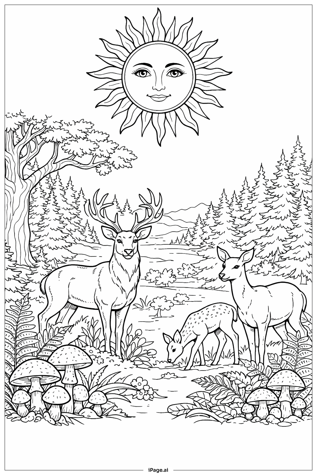 Page de coloriage Soleil sur une clairière forestière