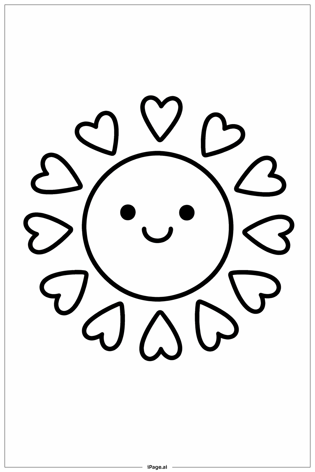  Page de coloriage Soleil avec des rayons en forme de cœur 