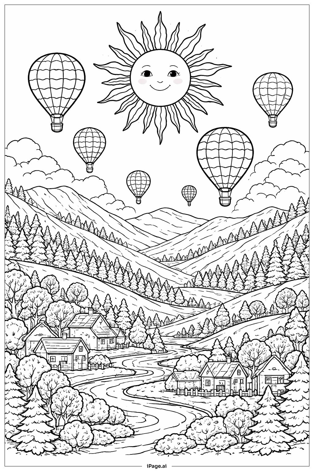  熱気球と太陽の塗り絵ページ 