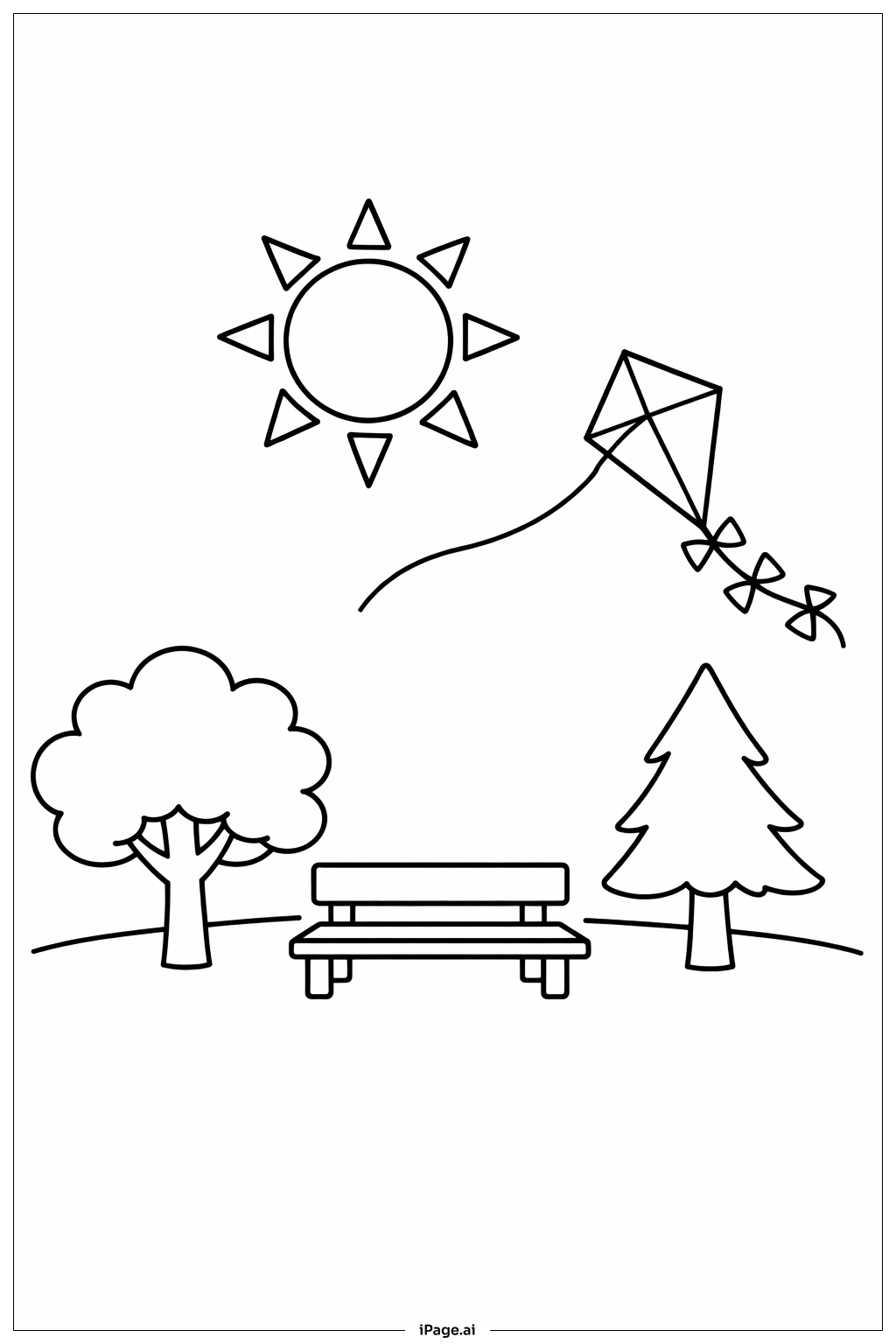  Page de coloriage Soleil avec cerf-volant dans le parc 