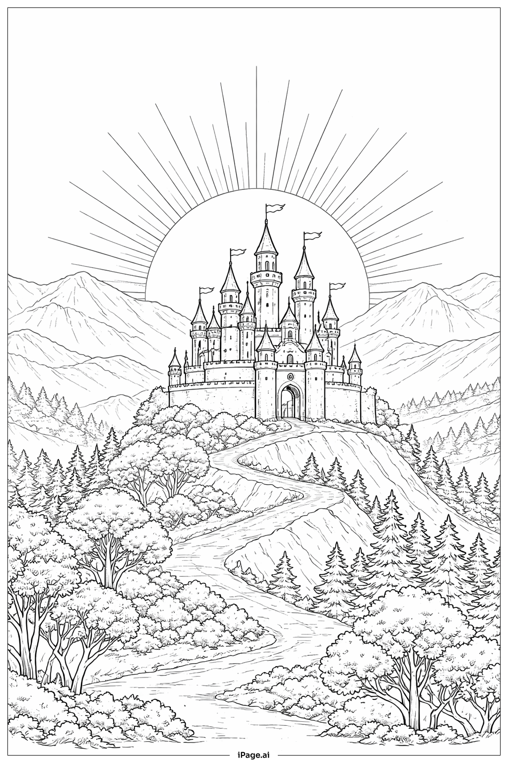  城山の後ろの夜明けの塗り絵ページ 