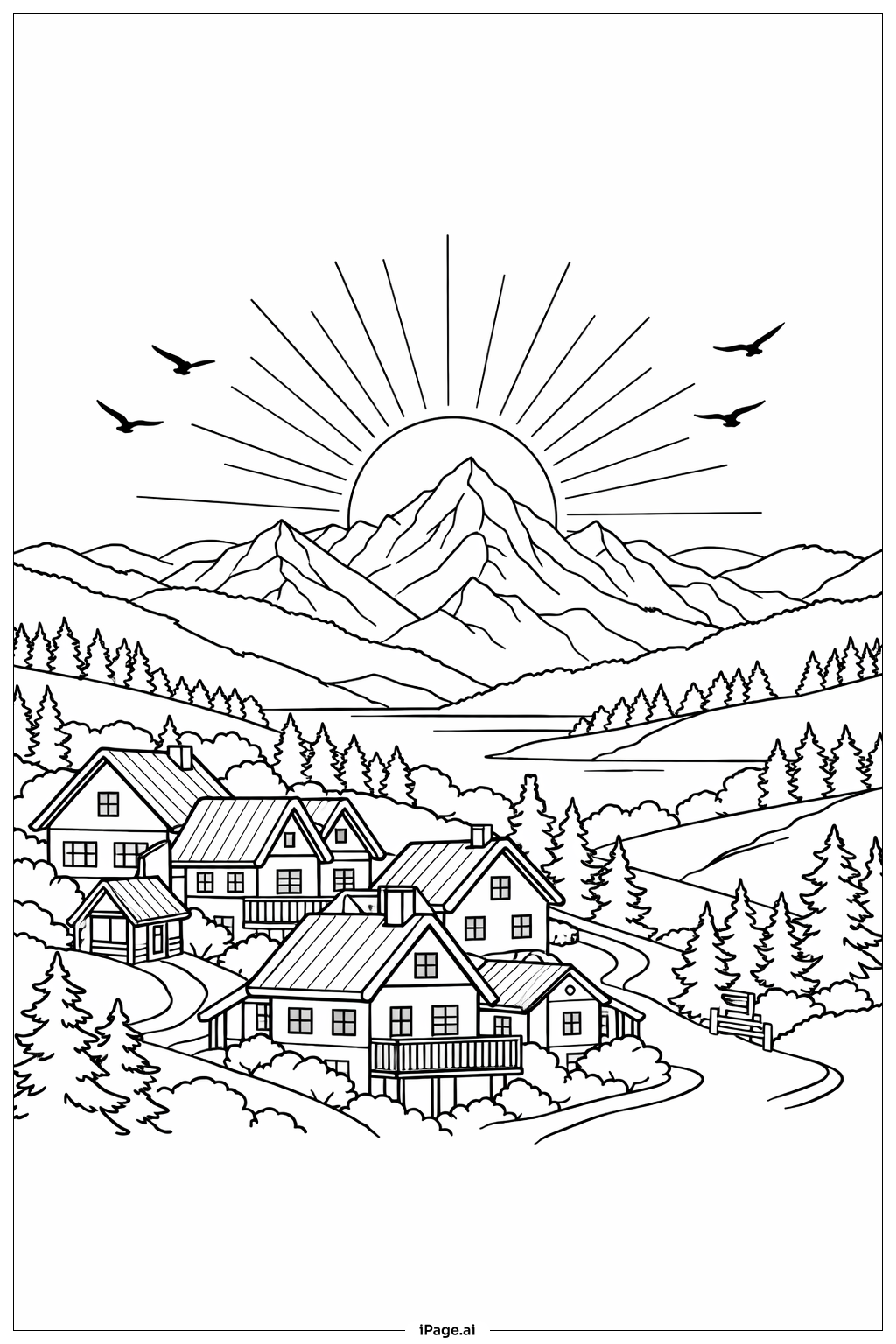  山村の朝焼けの塗り絵ページ 