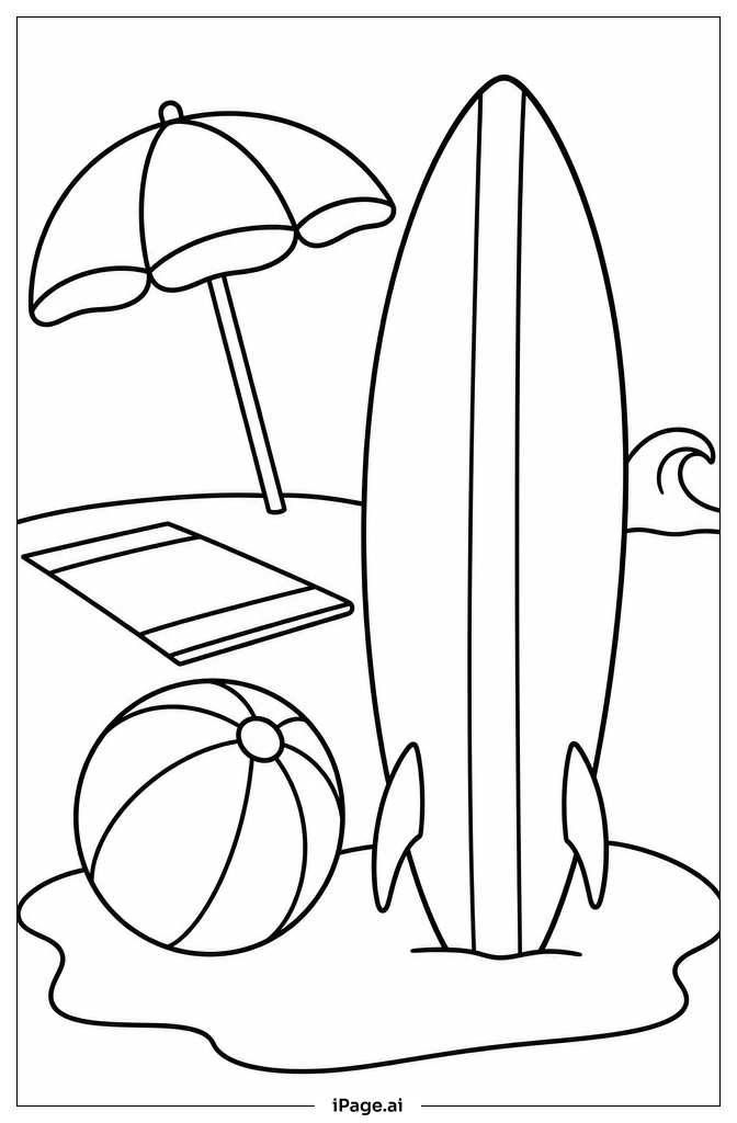 Surfboard And Beach Ball Coloring Page