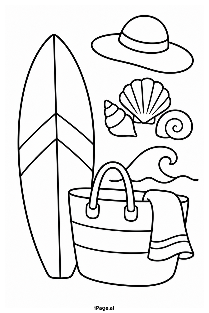 Surfboard Beside Beach Bag Coloring Page