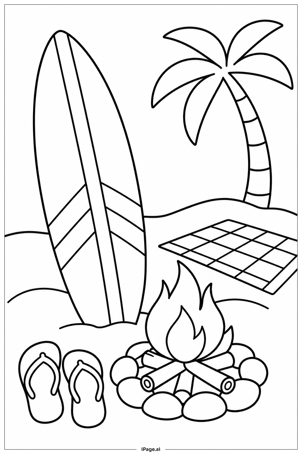 Surfboard By Bonfire Coloring Page