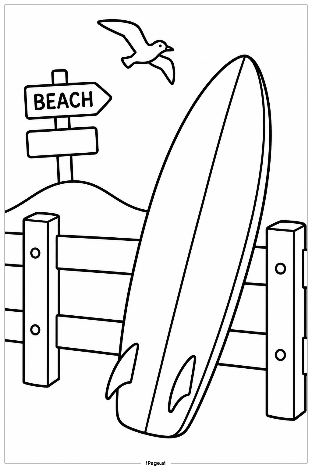 Surfboard By Wooden Fence Coloring Page