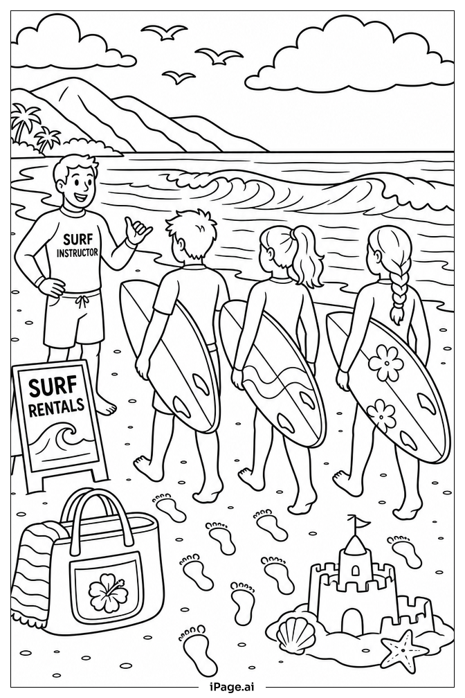 Surfboard-Unterrichtsgruppe Ausmalseite