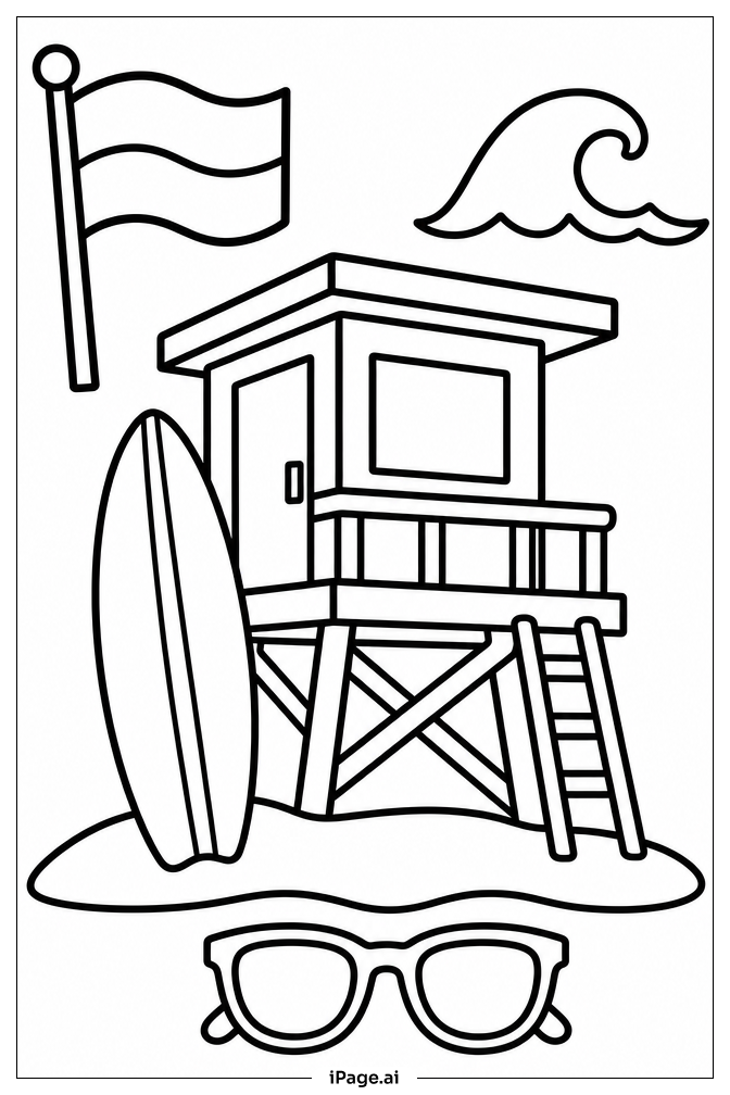 Surfboard Near Lifeguard Tower Coloring Page