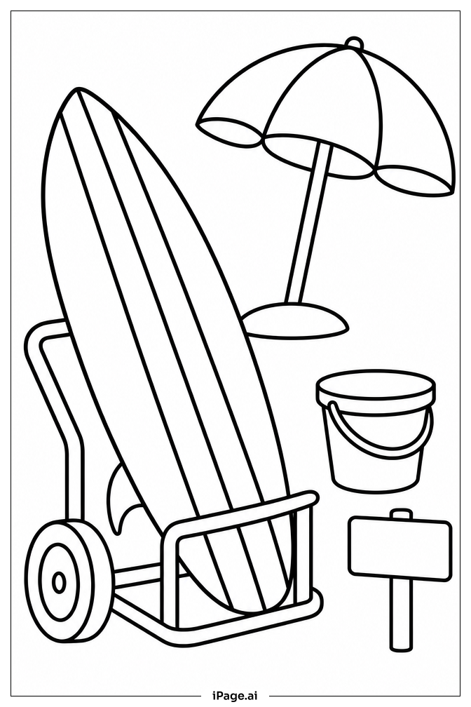Surfboard On Beach Cart Coloring Page