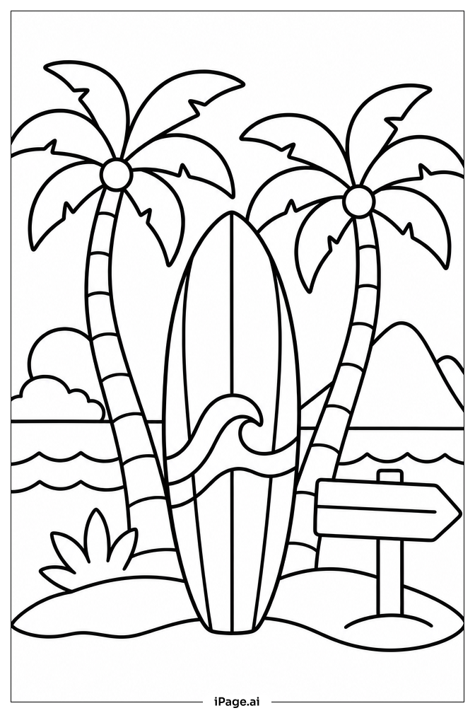 Surfboard With Palm Trees Coloring Page