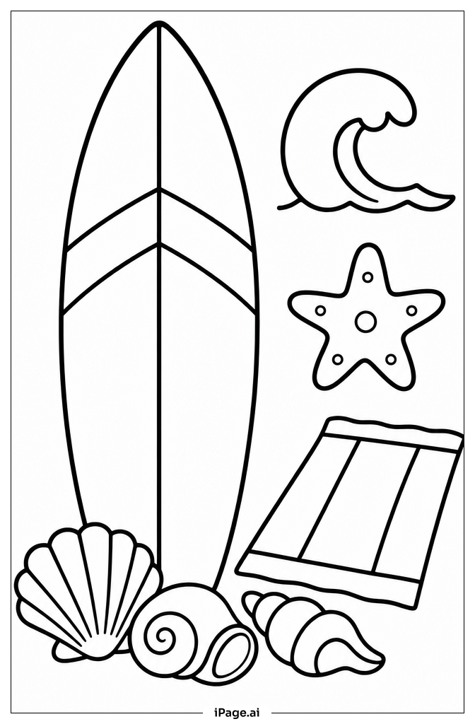Surfboard With Seashells Coloring Page