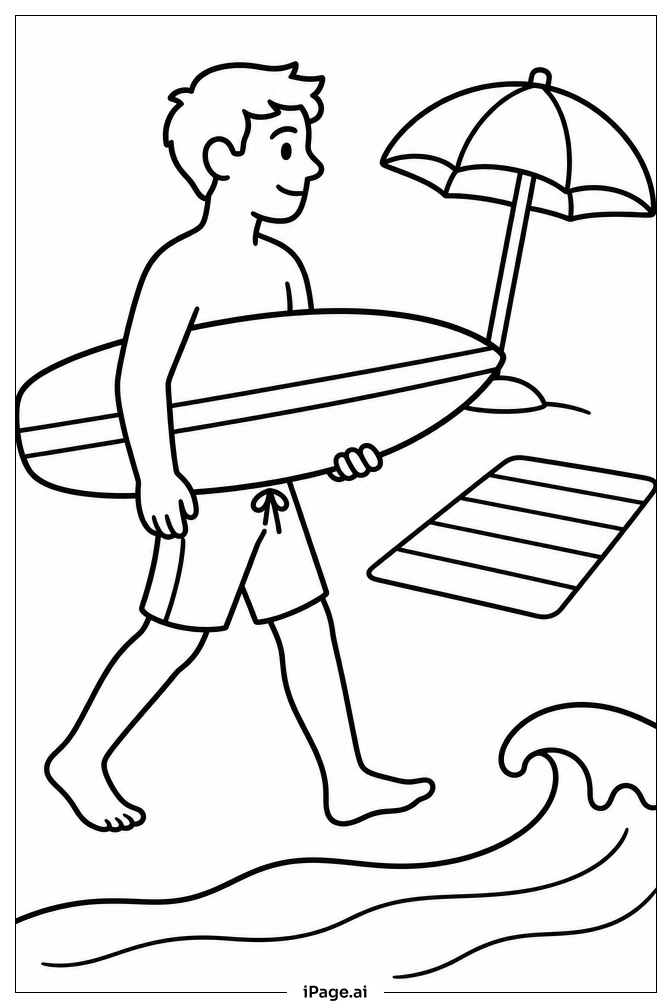 Surfer Carrying Surfboard Coloring Page