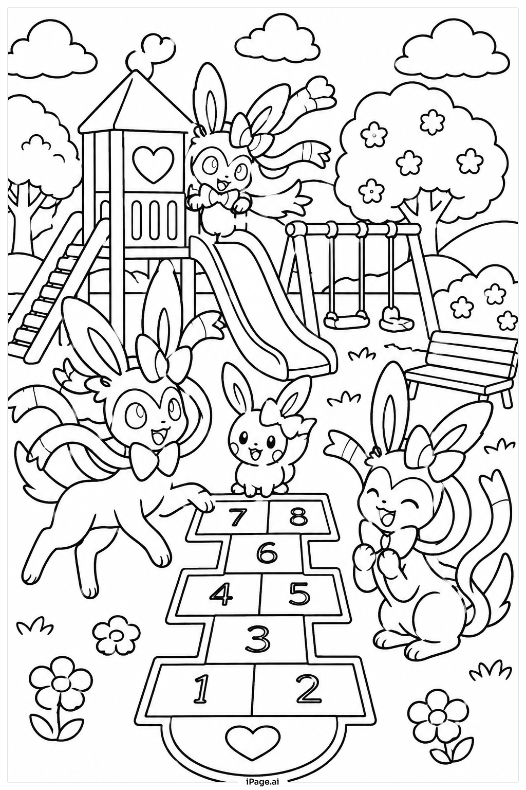 仲間たちと遊ぶSylveonの塗り絵ページ
