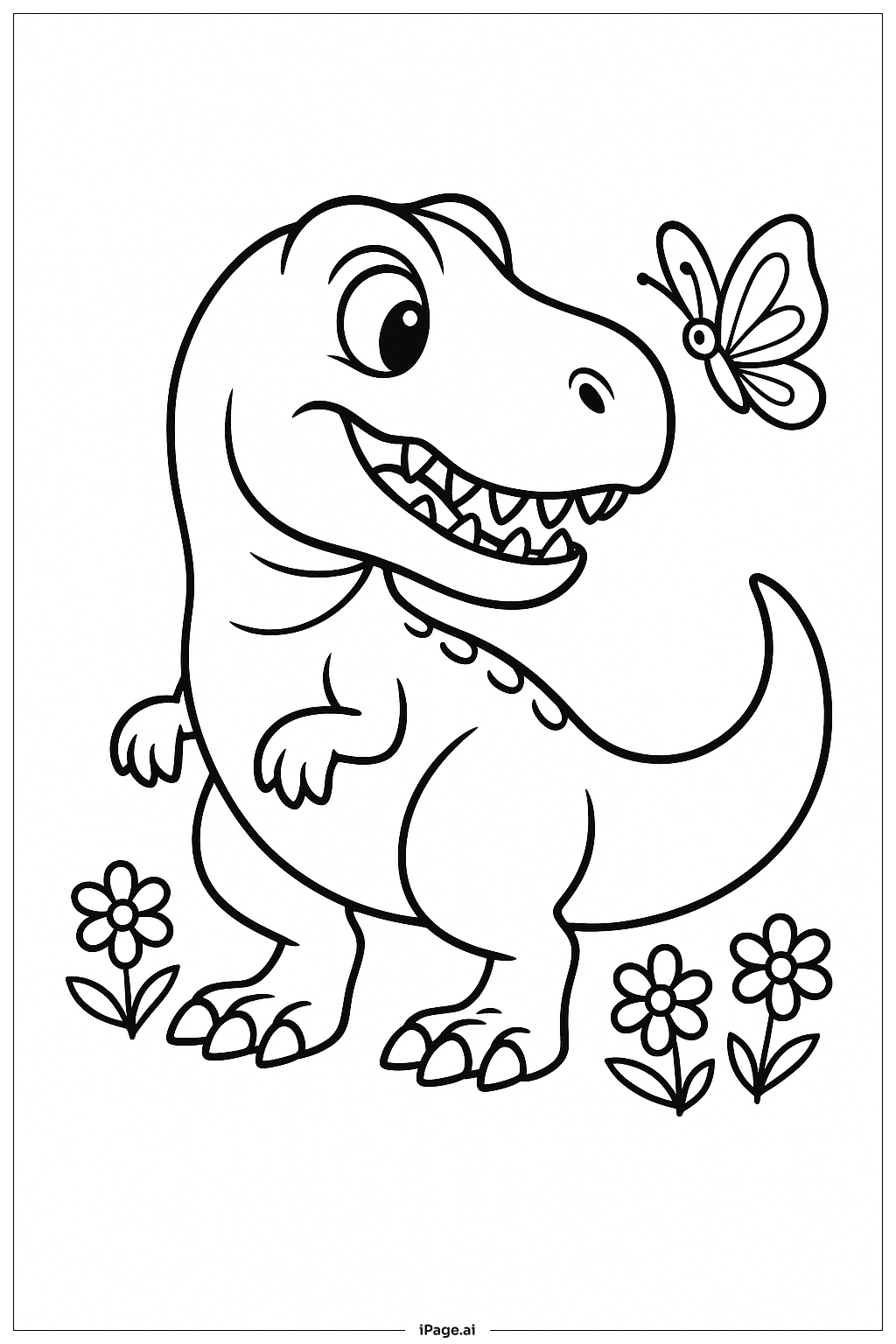 Página para colorear de T Rex y Mariposa