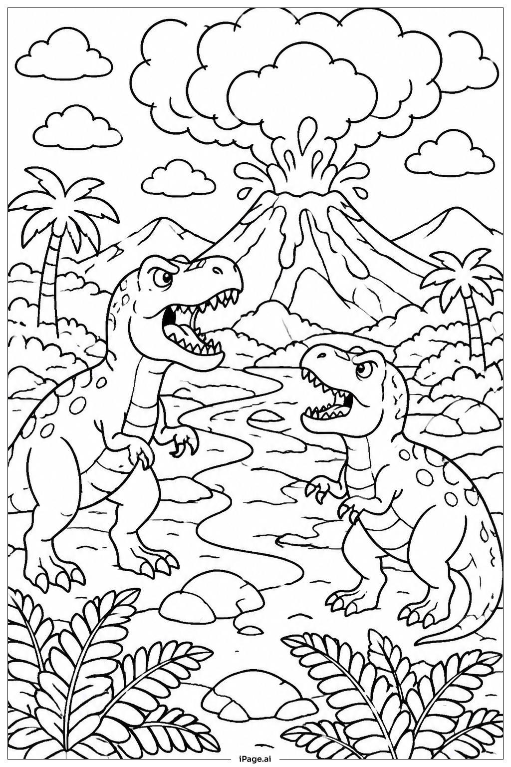 火山噴火とティラノサウルスの塗り絵ページ