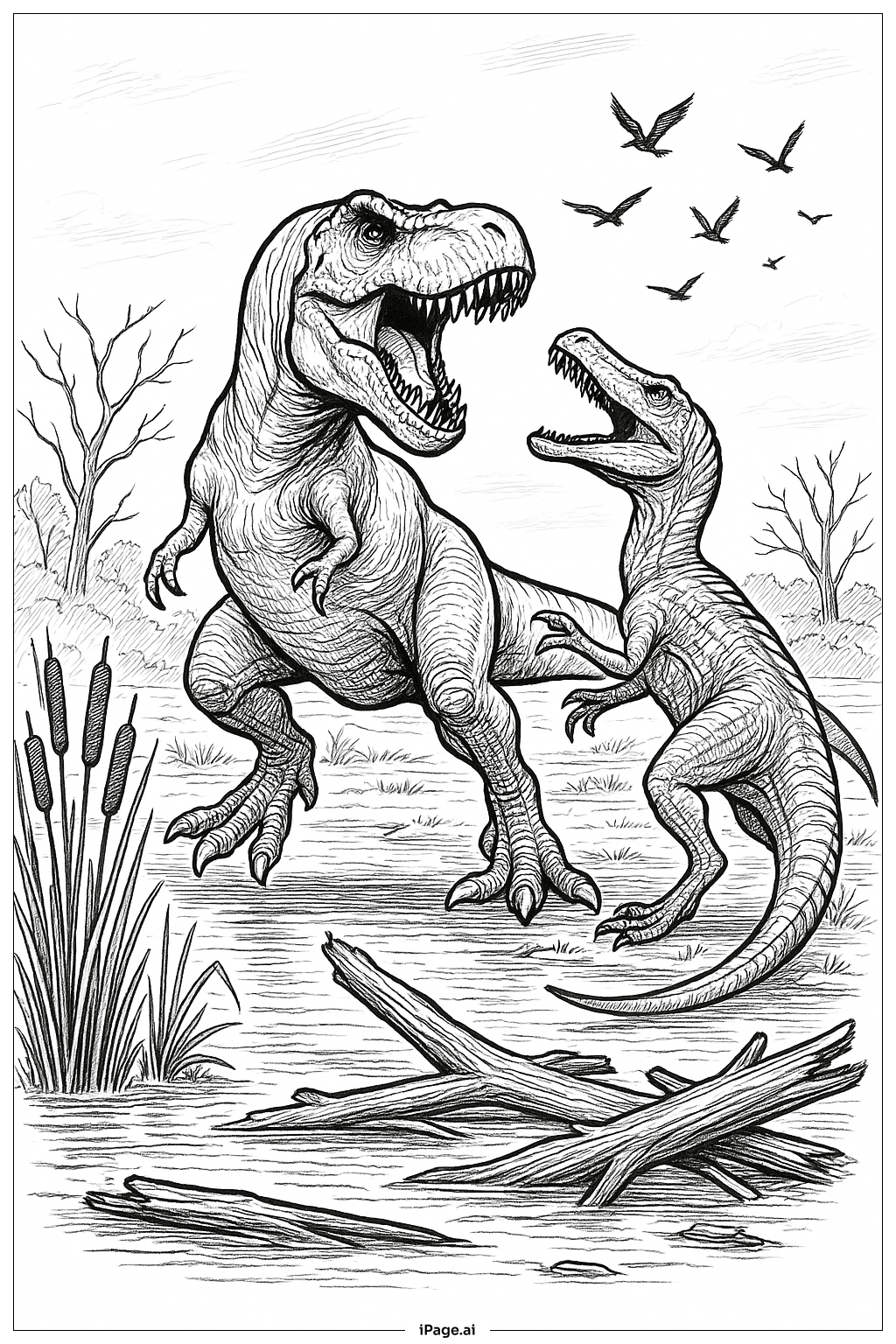 沼澤附近的暴龍大戰著色頁 