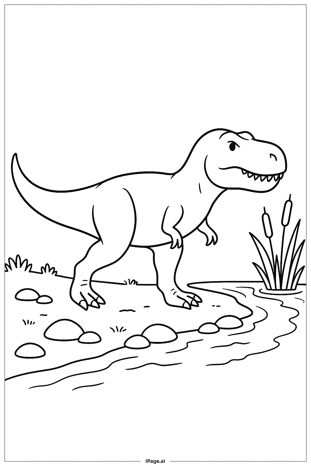 Página para colorear de T Rex al borde del río