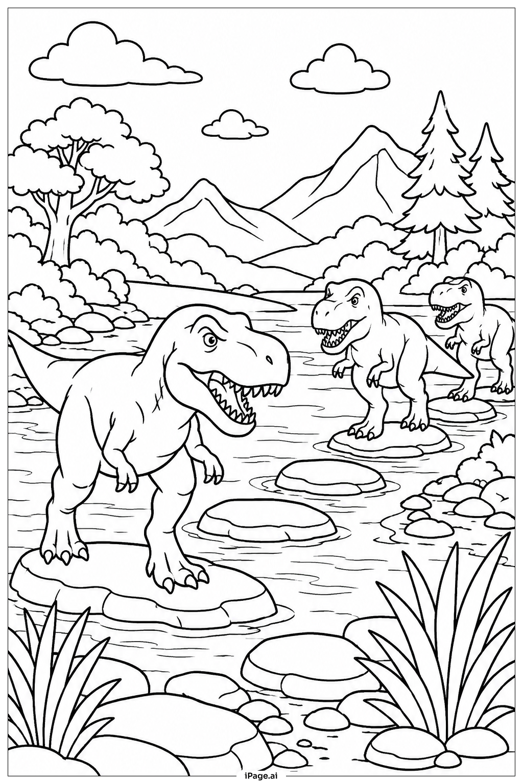 ティラノサウルスの川渡りシーンの塗り絵ページ