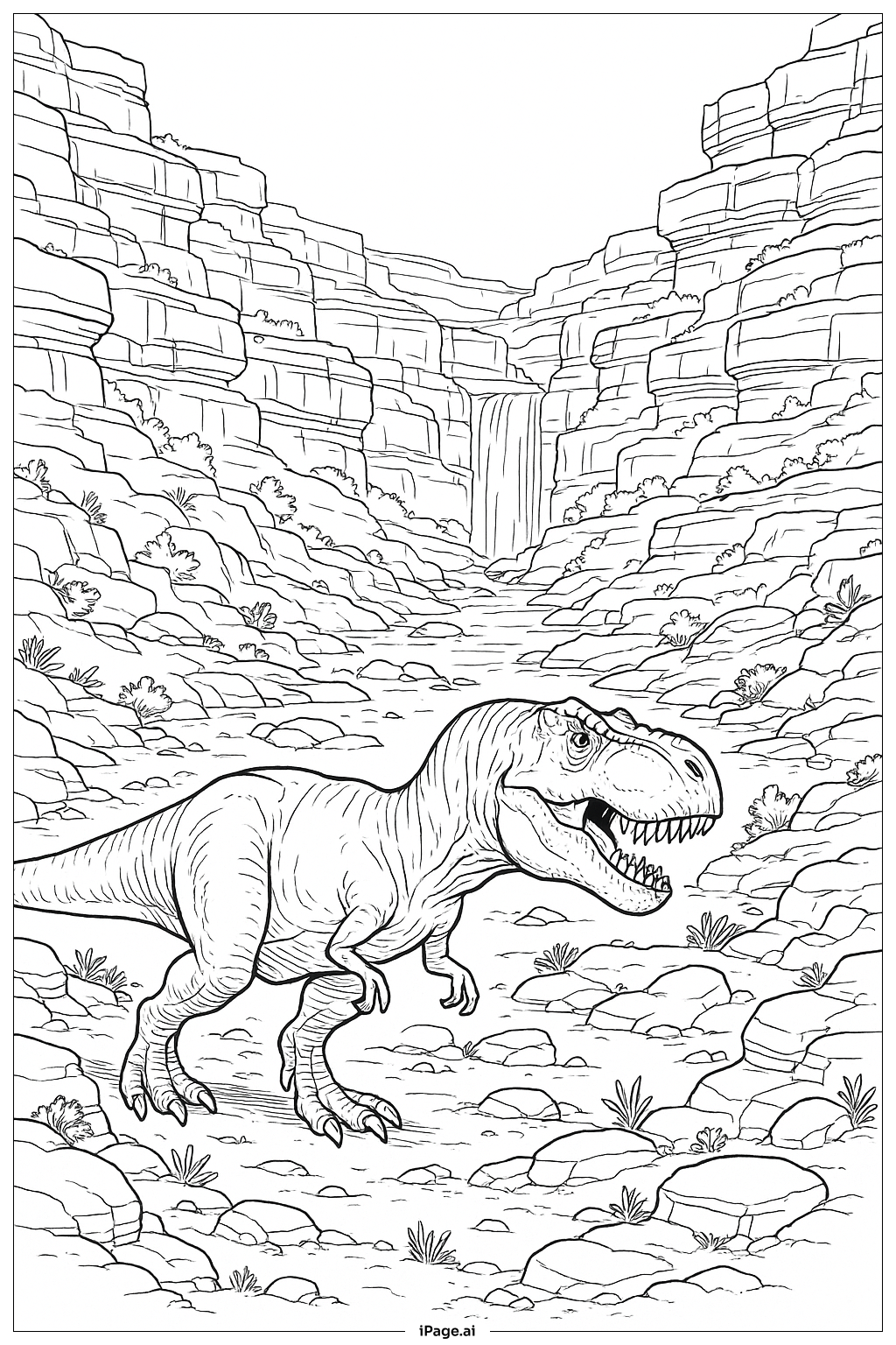 Página para colorear de T Rex en el Cañón Rocoso