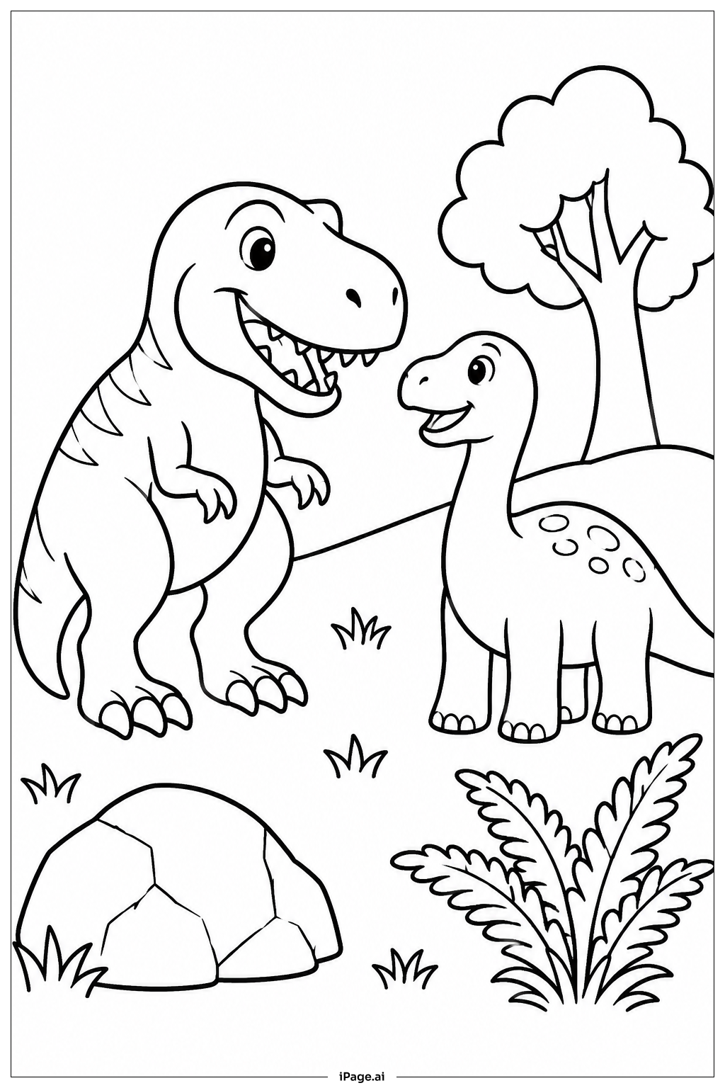 ティラノサウルスと恐竜の出会いの塗り絵ページ