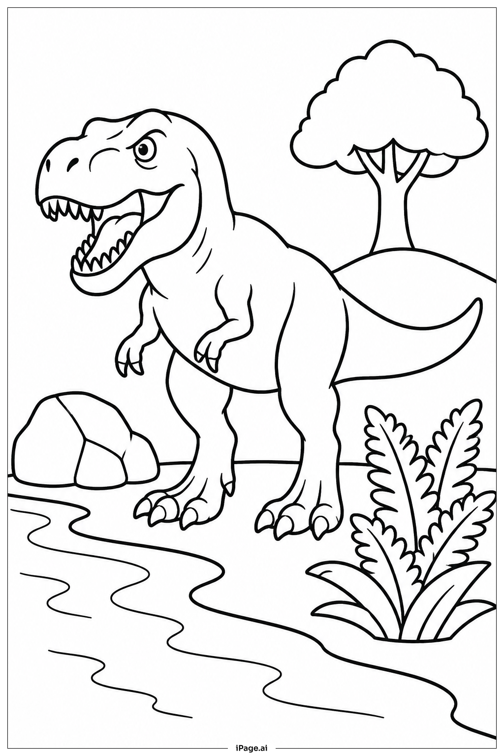 川のそばのティラノサウルスの塗り絵ページ