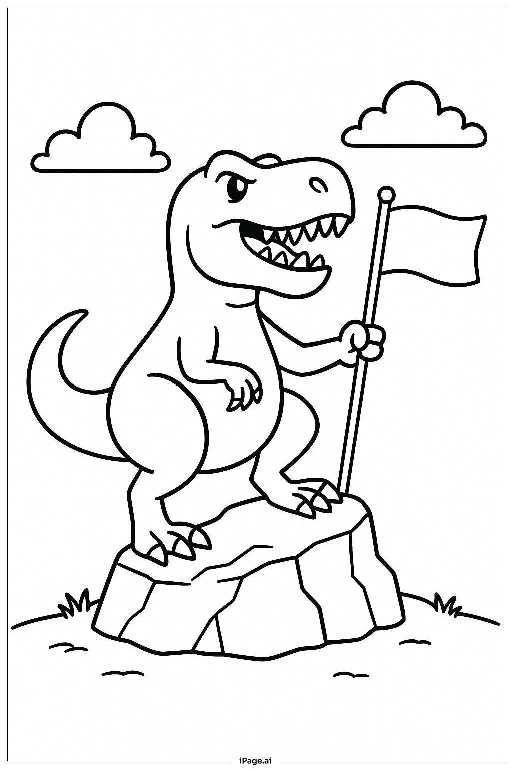 带旗帜的霸王龙站在岩石上填色页