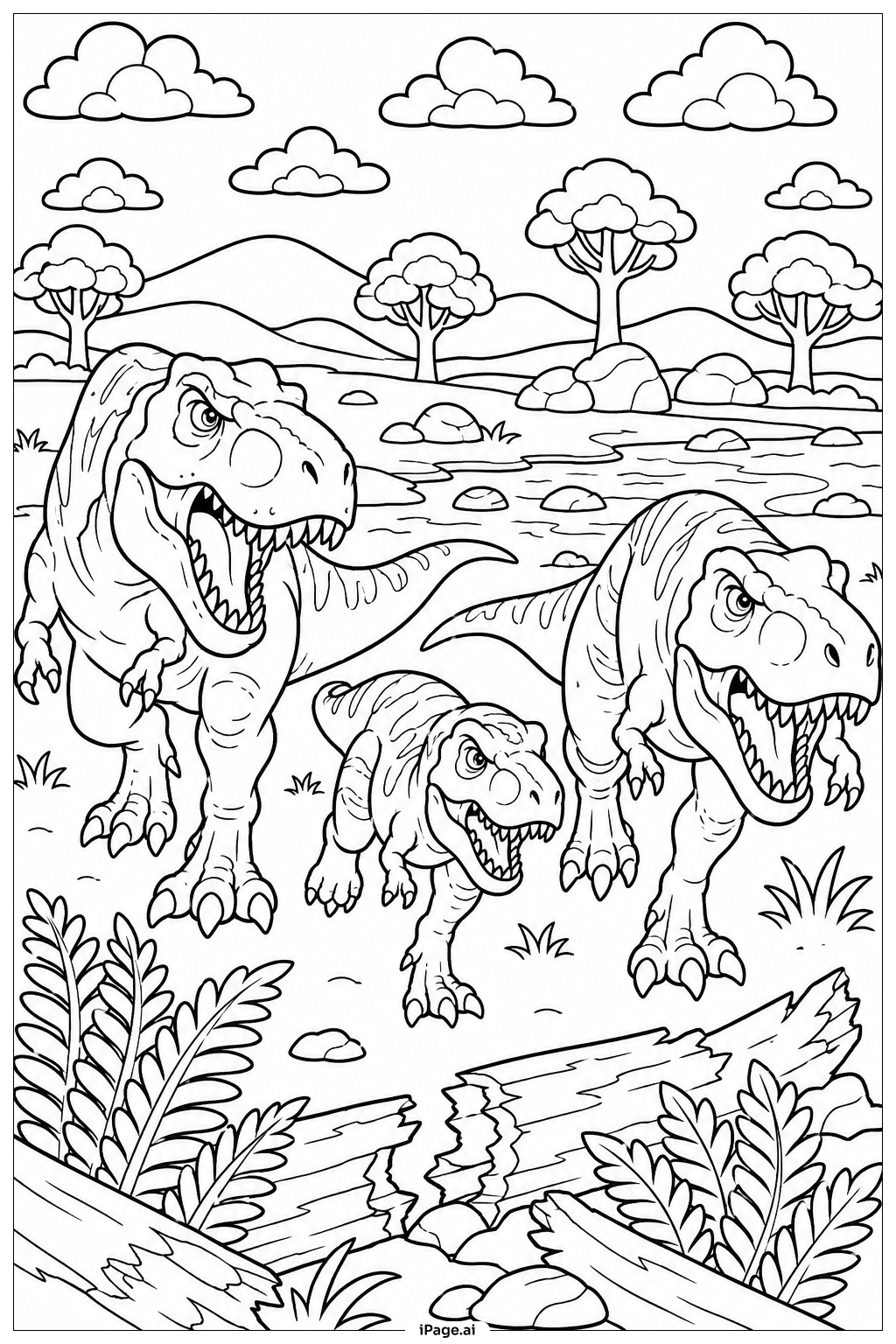 T Rexの群れの狩りの塗り絵ページ