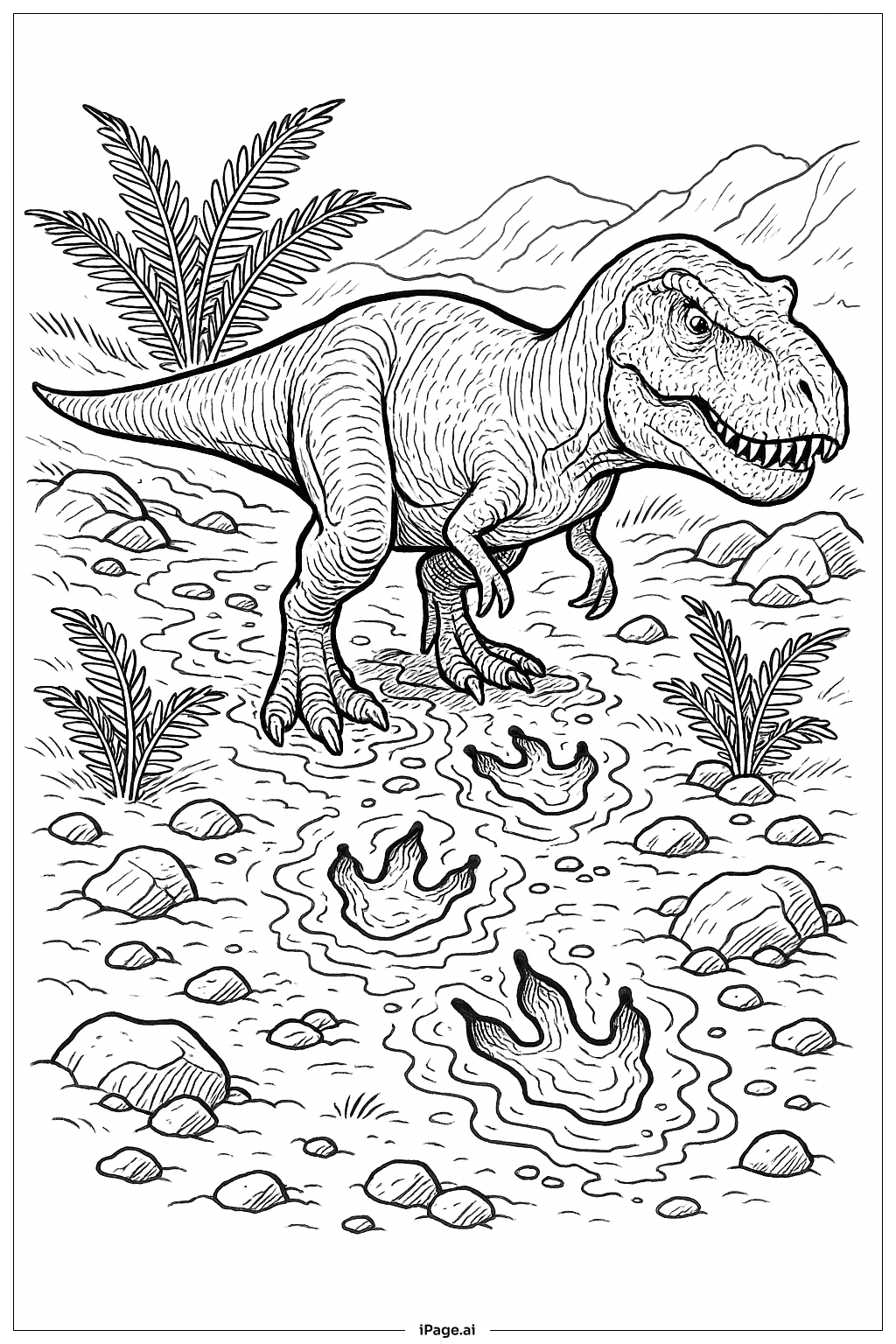  Página para colorear de Rastreo de Huellas de T Rex 