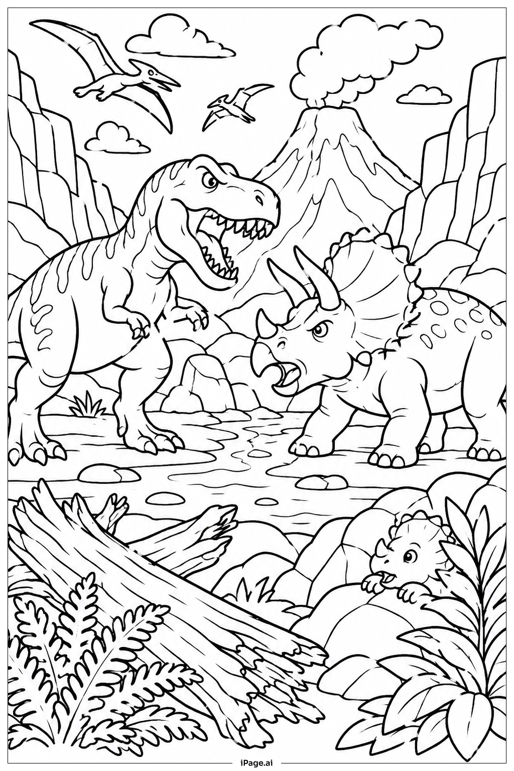 ティラノサウルス対トリケラトプスの戦いの塗り絵ページ