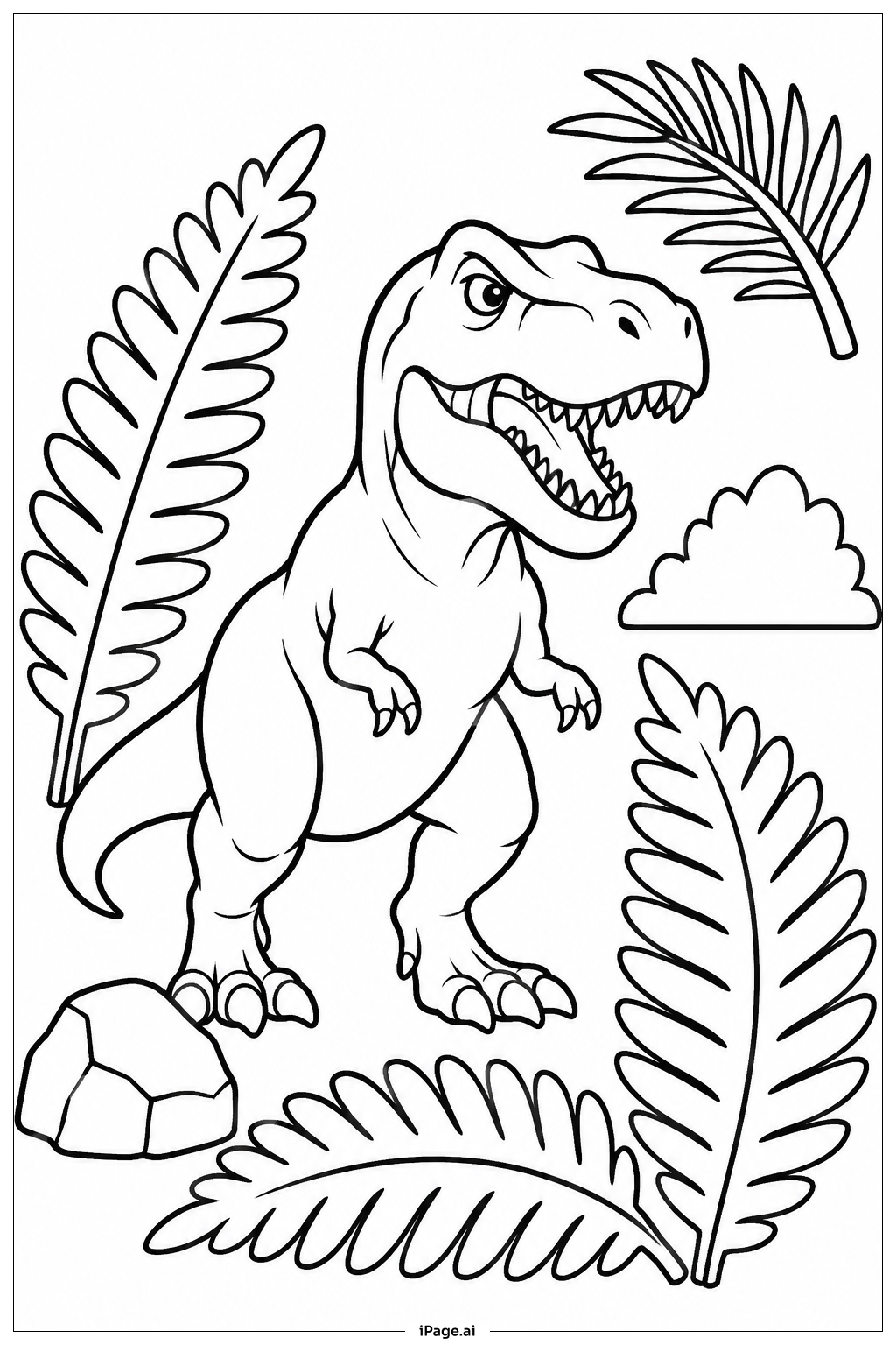 シダと共にいるティラノサウルス・レックスの塗り絵ページ