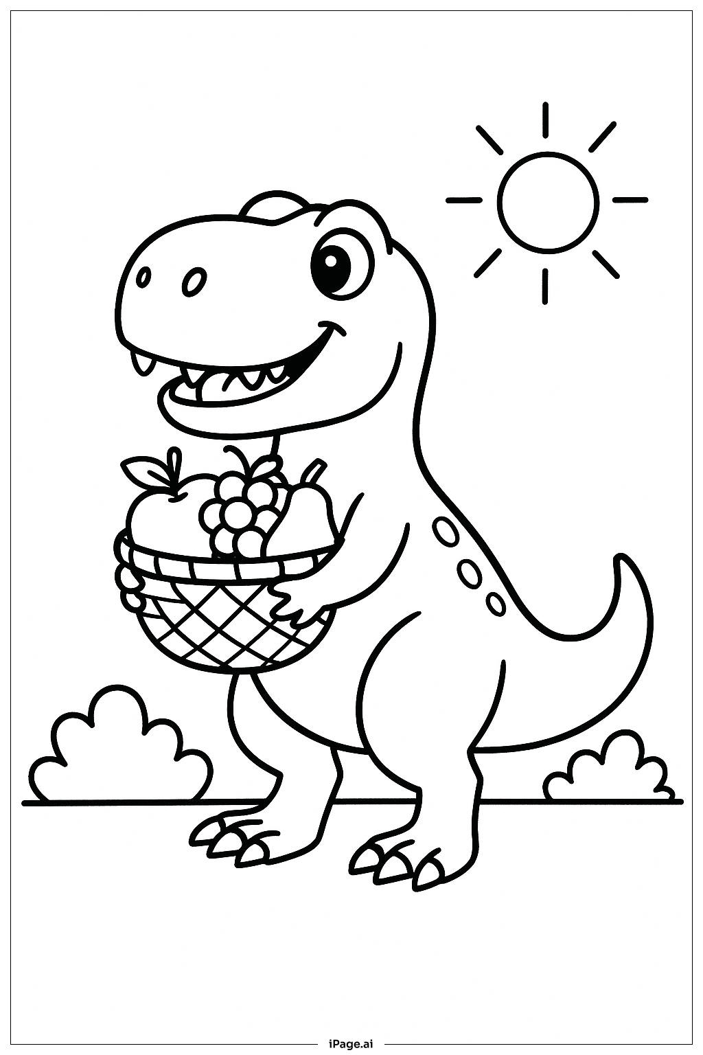 Página para colorear de T Rex con canasta de frutas