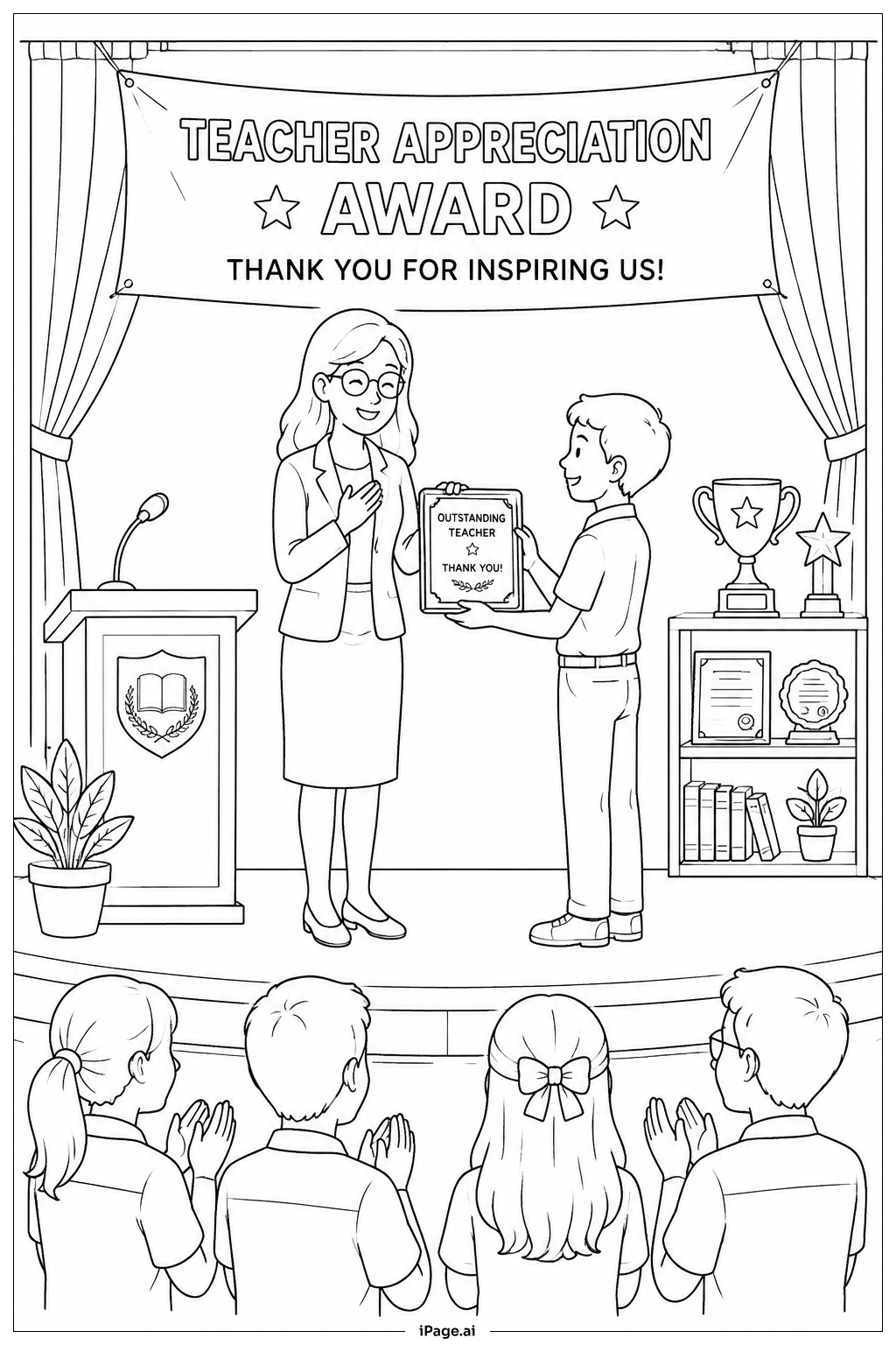  Página para colorear de Escenario de la ceremonia de entrega del premio de Teacher Appreciation 