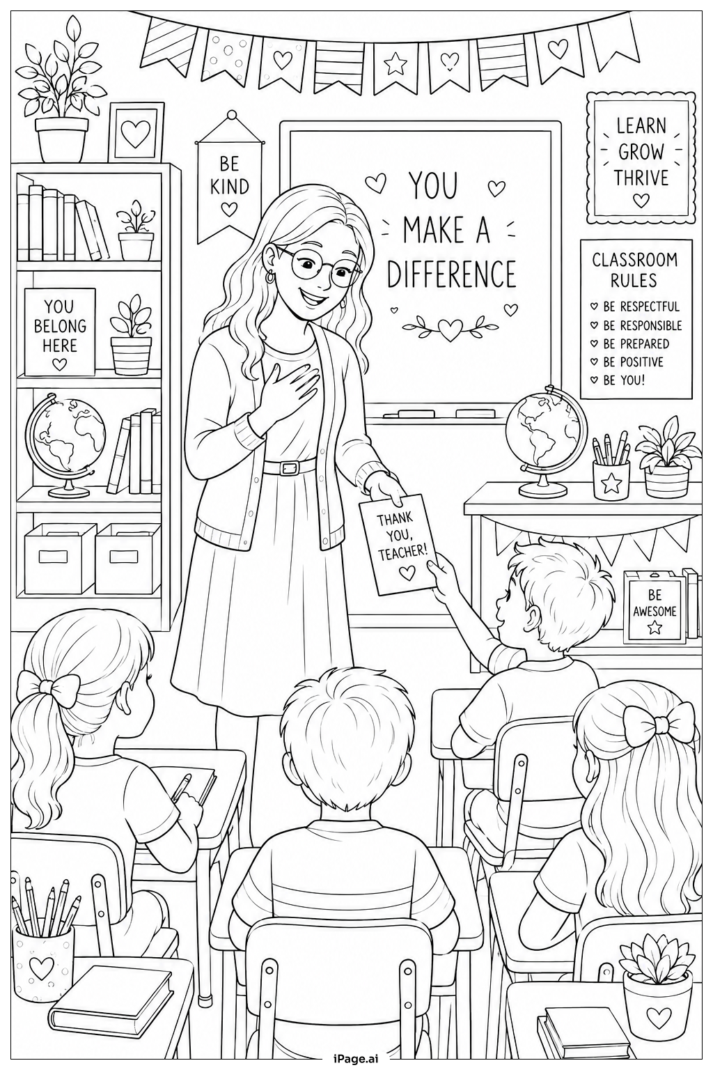  Página para colorear de Escena grandiosa de agradecimiento al maestro en el aula 