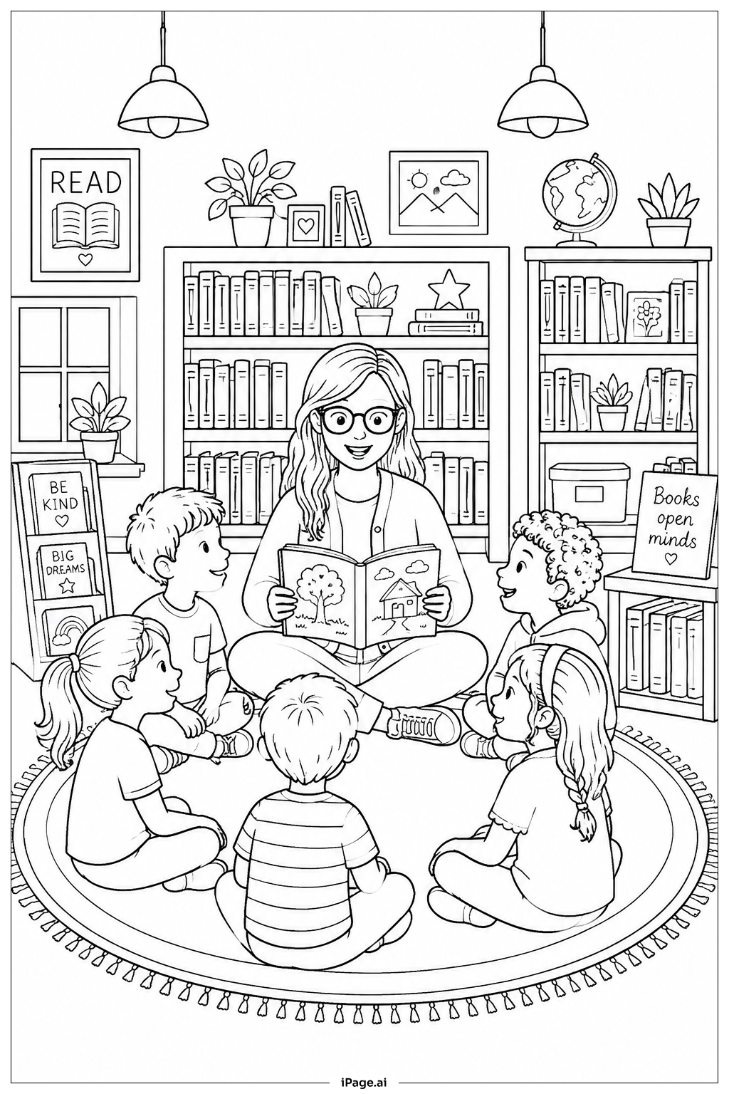 Página para colorear de Escena de Celebración en la Biblioteca para el Reconocimiento de Maestros 
