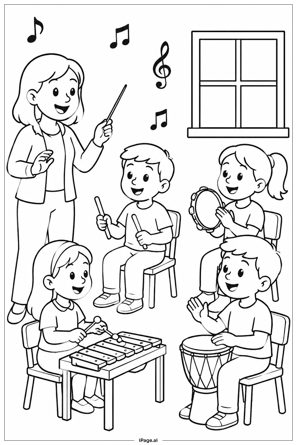  Página para colorear de Agradecimiento a los profesores en clase de música 